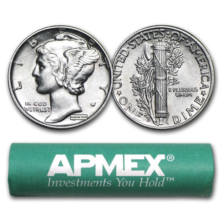 90% Silver Mercury Dime 50-Coin Roll AU 90% Silver Mercury Dime 50-Coin Roll AU