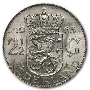 Netherlands Silver 2 1/2 Gulden Juliana AU/BU (Random Dates)