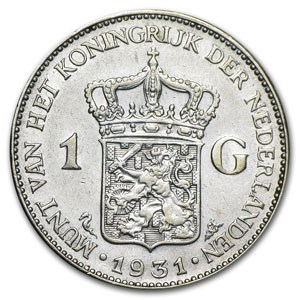 1922-1944 Netherlands Silver Gulden Avg Circ (ASW .2315)