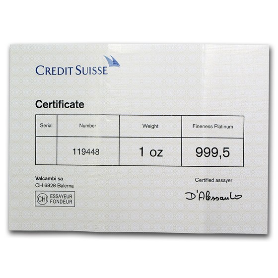 1 oz Platinum Bar - Credit Suisse (.9995 Fine, w/Assay)
