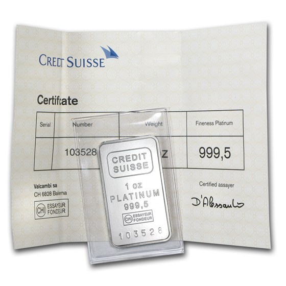 1 oz Platinum Bar - Credit Suisse (.9995 Fine, w/Assay)