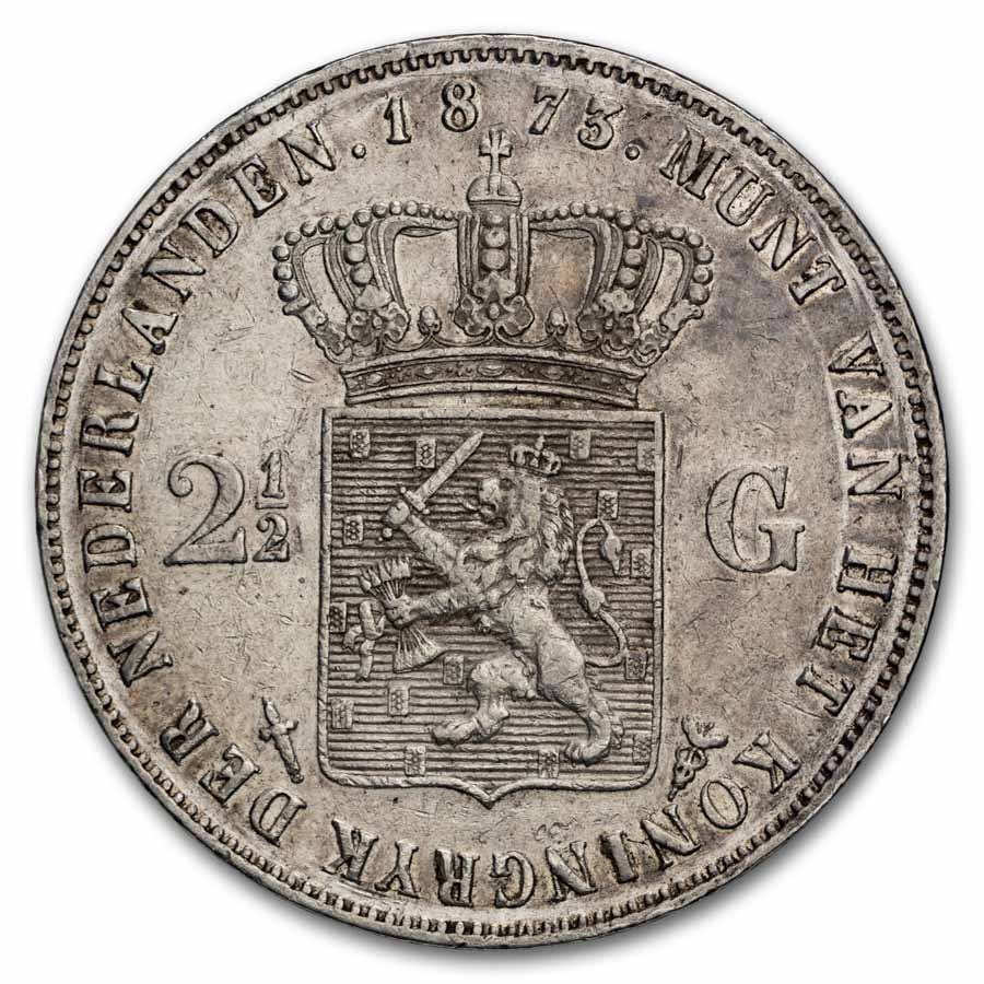 1850-1874 Netherlands Silver 2 1/2 Gulden Willem III Avg Circ