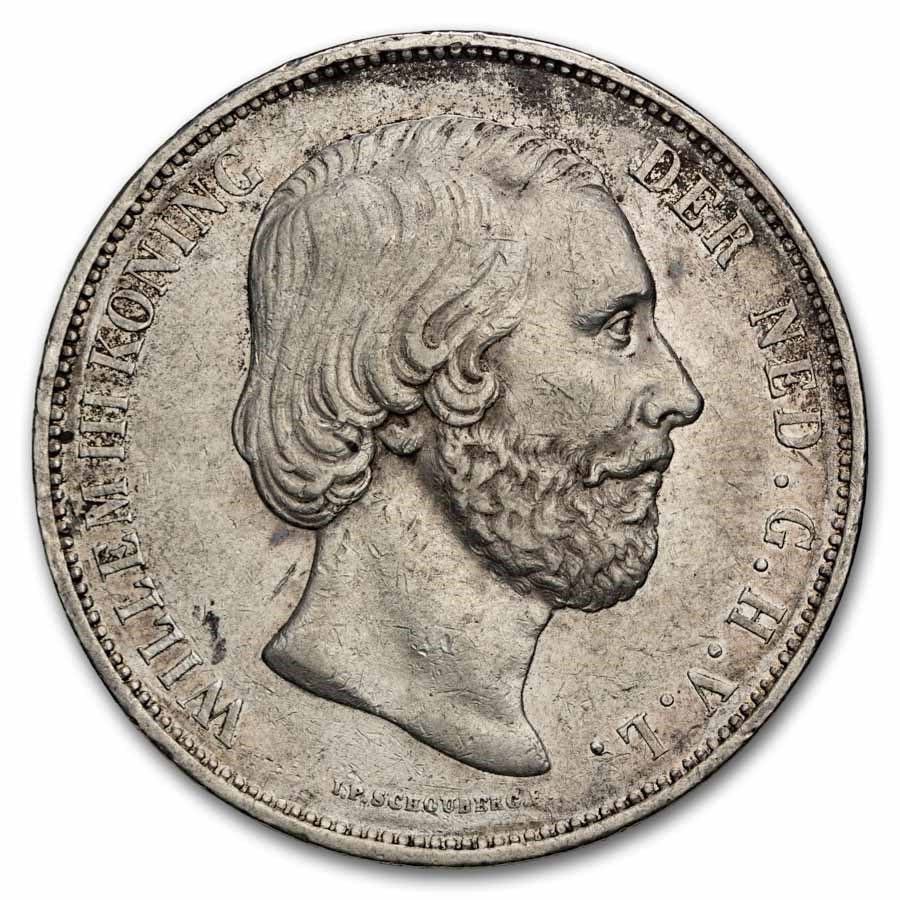 1850-1874 Netherlands Silver 2 1/2 Gulden Willem III Avg Circ