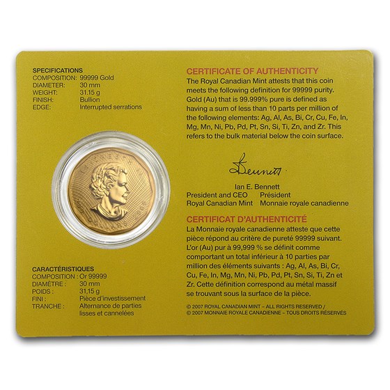2009 Canada 1 oz Gold Maple Leaf .99999 BU (w/Assay Card)