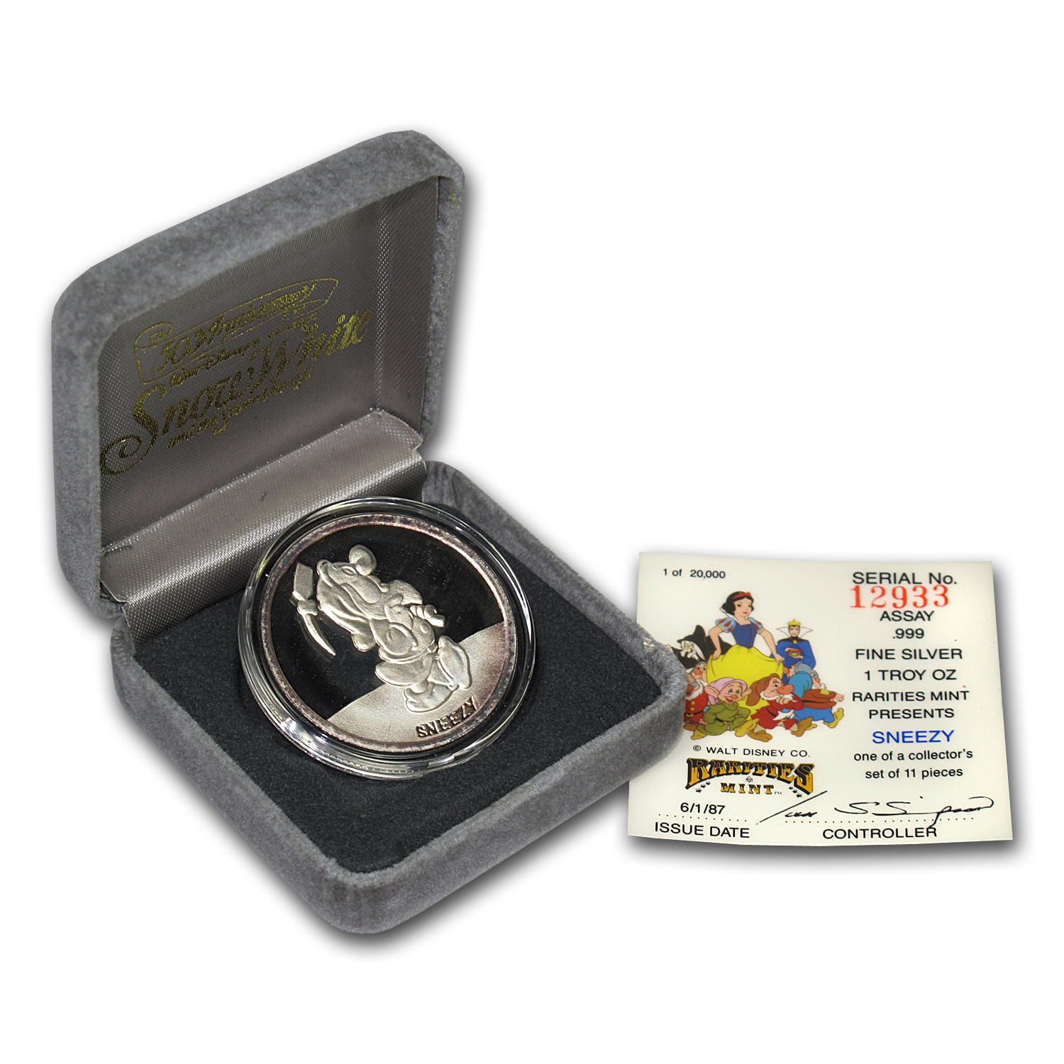 1 oz Silver - Disney's Snow White 50th Anniv Sneezy, w/Box &amp; COA