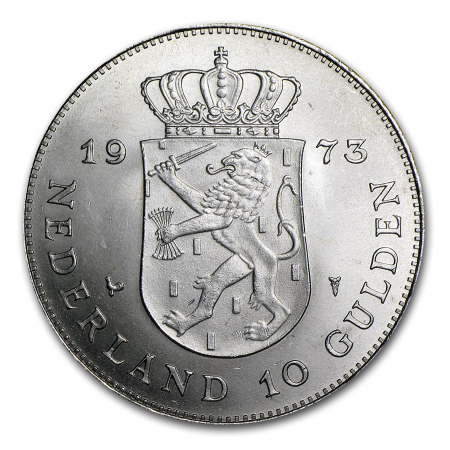 1973 Netherlands Silver 10 Gulden Juliana AU/BU (.5787 ASW)