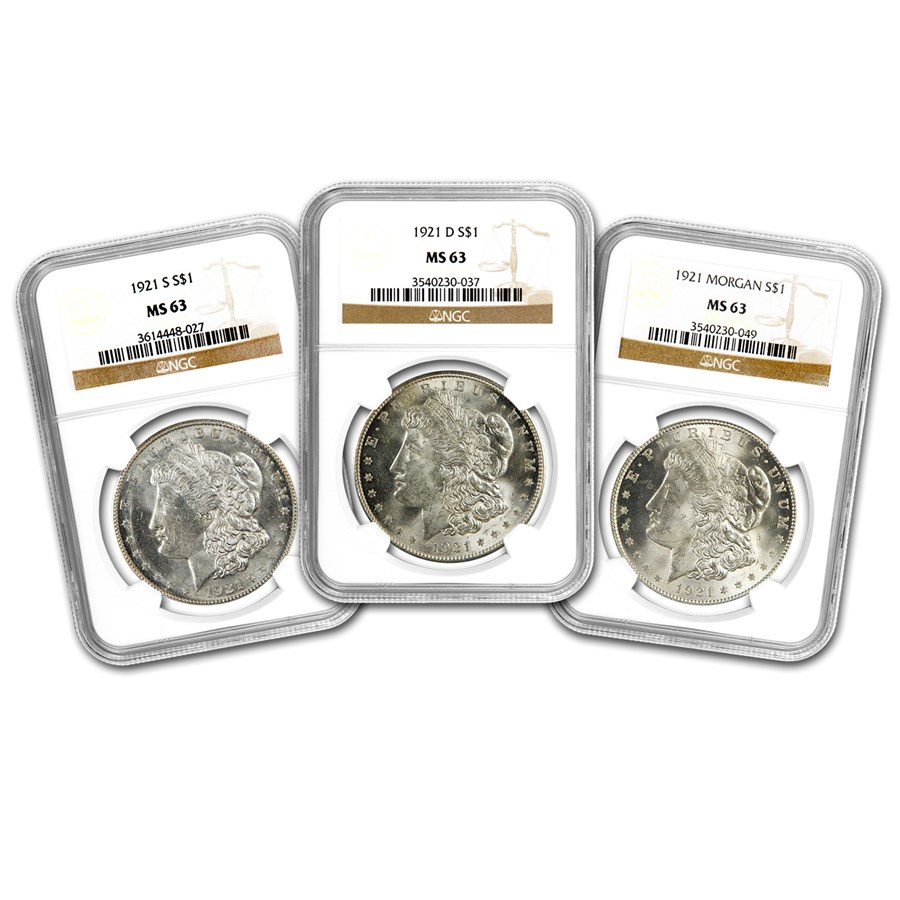 1921 Morgan Dollar 3 Coin P, D & S Mint's Set MS-63 NGC