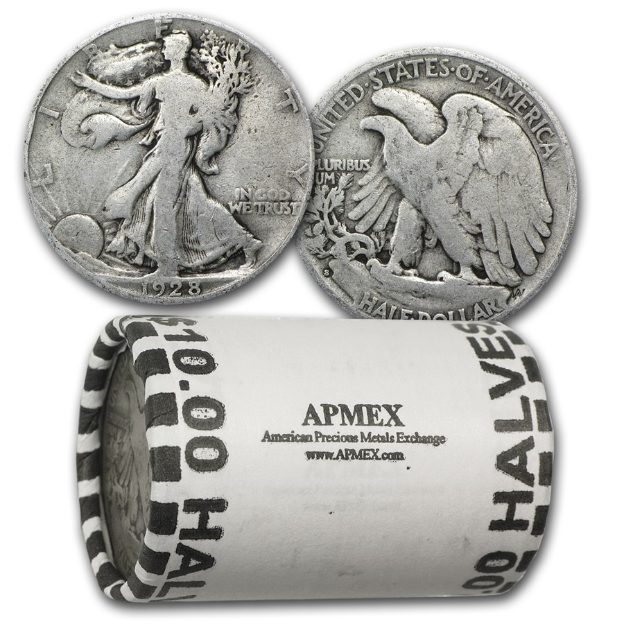 1928-S Walking Liberty Halves 20-Coin Roll Avg Circ