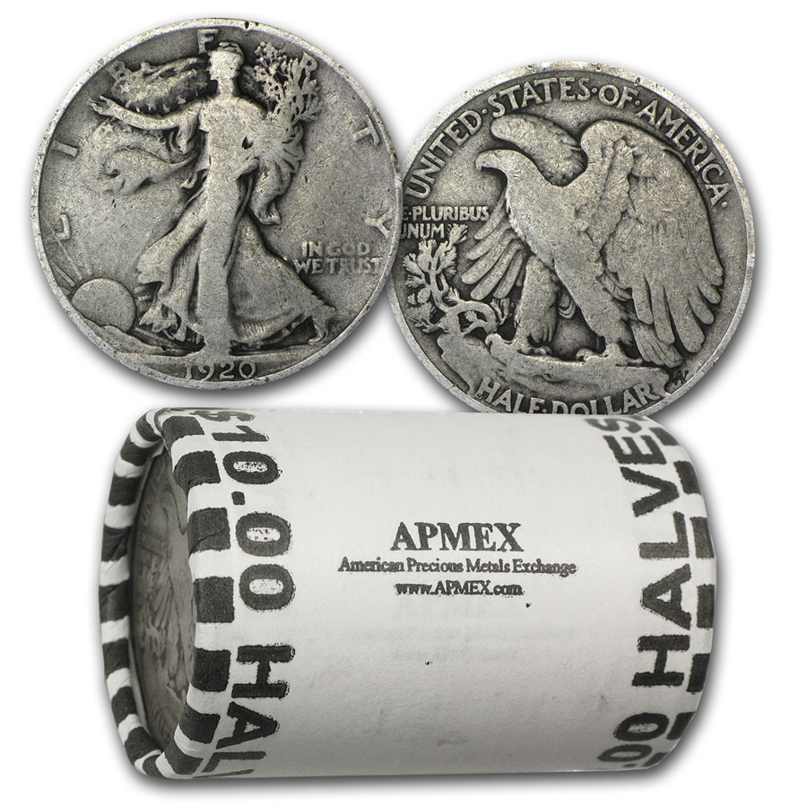 1920 Walking Liberty Halves 20-Coin Roll Avg Circ