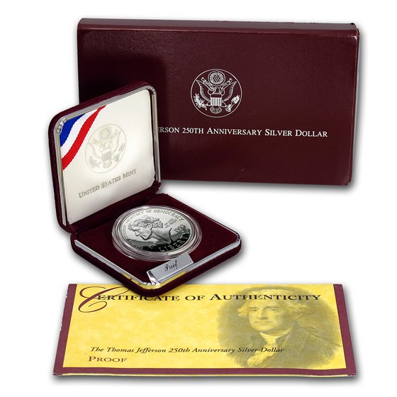 1993-S Jefferson 250th Anniv $1 Silver Commem Proof (w/Box &amp; COA)