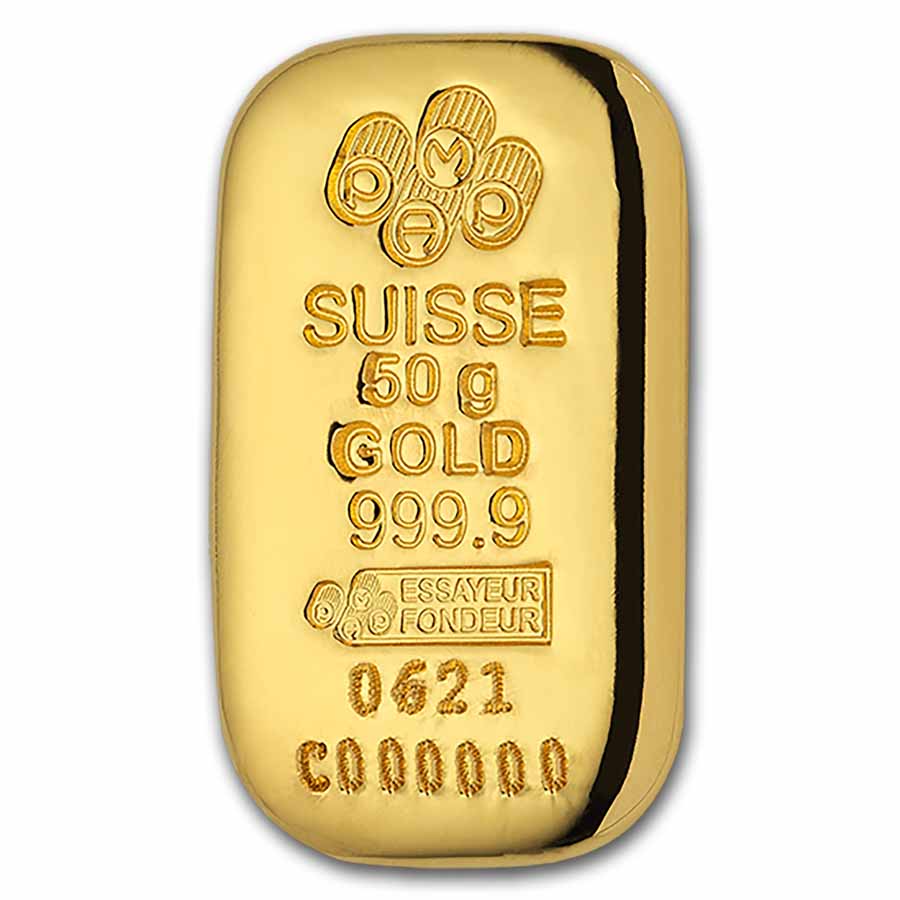 50 gram Gold Bar - PAMP Suisse (Cast, w/Assay)