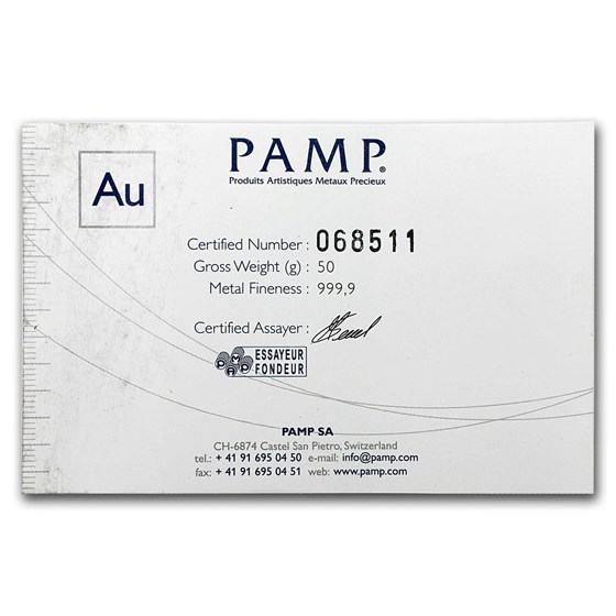 50 gram Gold Bar - PAMP Suisse (Cast, w/Assay)