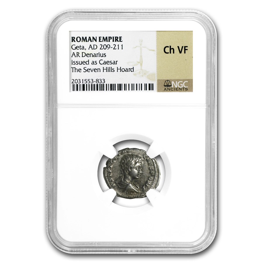 Roman AR Denarius Emperor Geta Ch-VF NGC (209-211 AD)