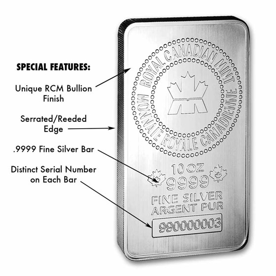 10 oz Silver Bar - Royal Canadian Mint (.9999 Fine, New Style)