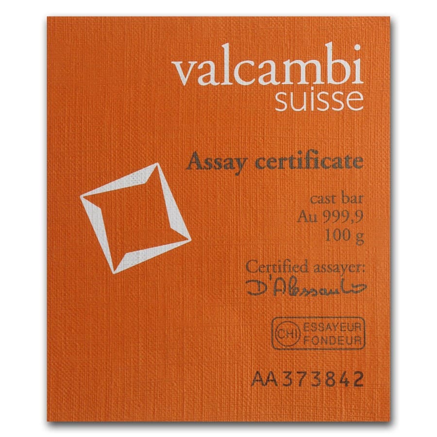 100 gram Gold Bar - Valcambi (Cast/Poured w/Assay)