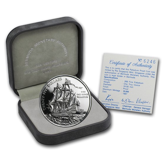 1987 Bermuda 1 oz Palladium Sea Venture Proof (w/Box &amp; COA)