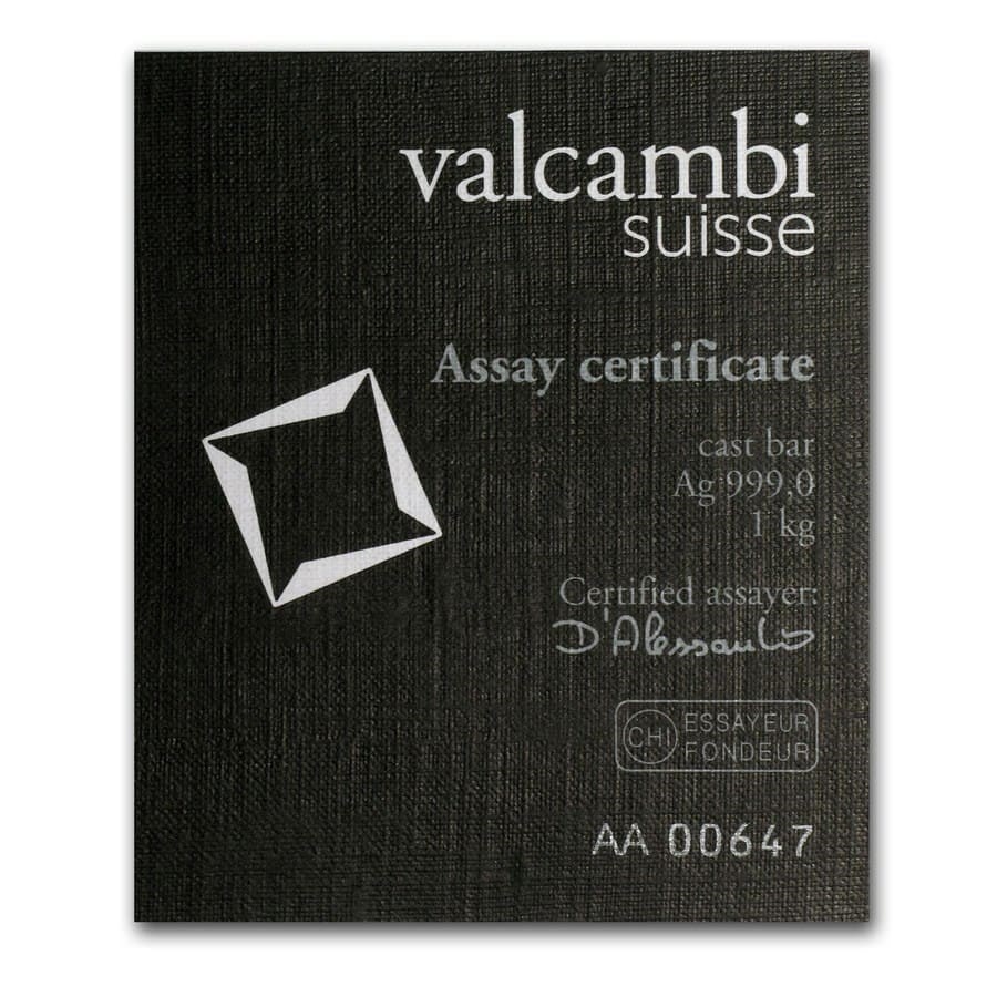 1 kilo Silver Bar - Valcambi (Cast, w/Assay)