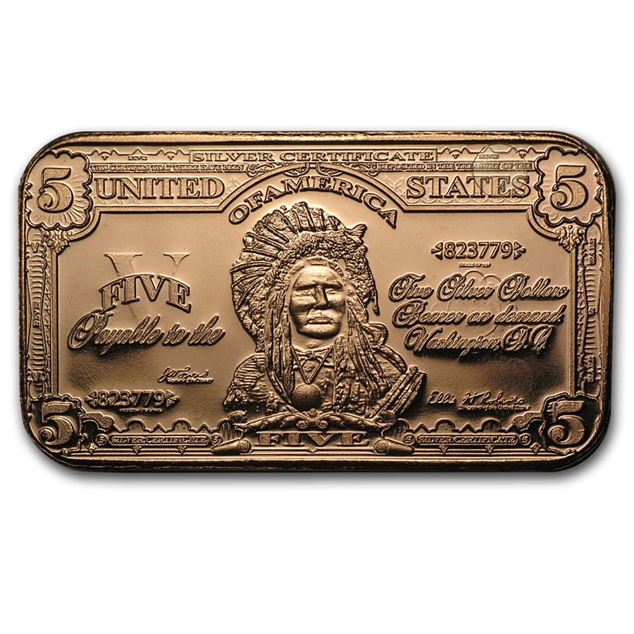 1 oz Copper Bar - $5.00 Indian Chief Banknote Replica