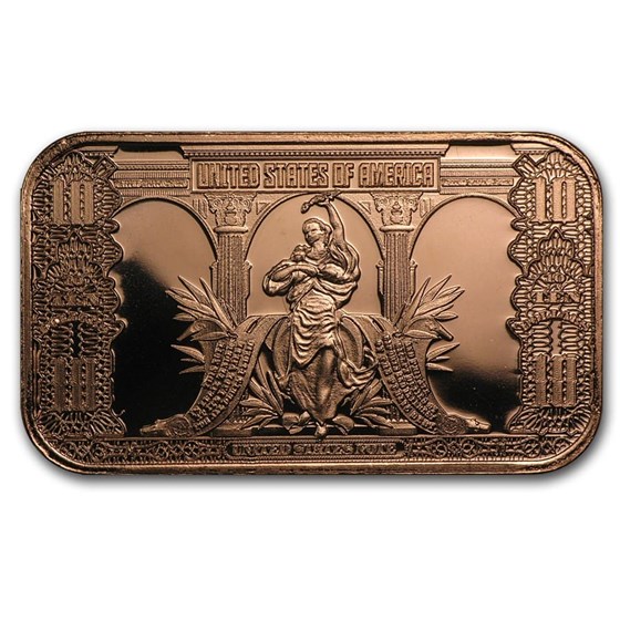 1 oz Copper Bar - $10 Bison Banknote Replica