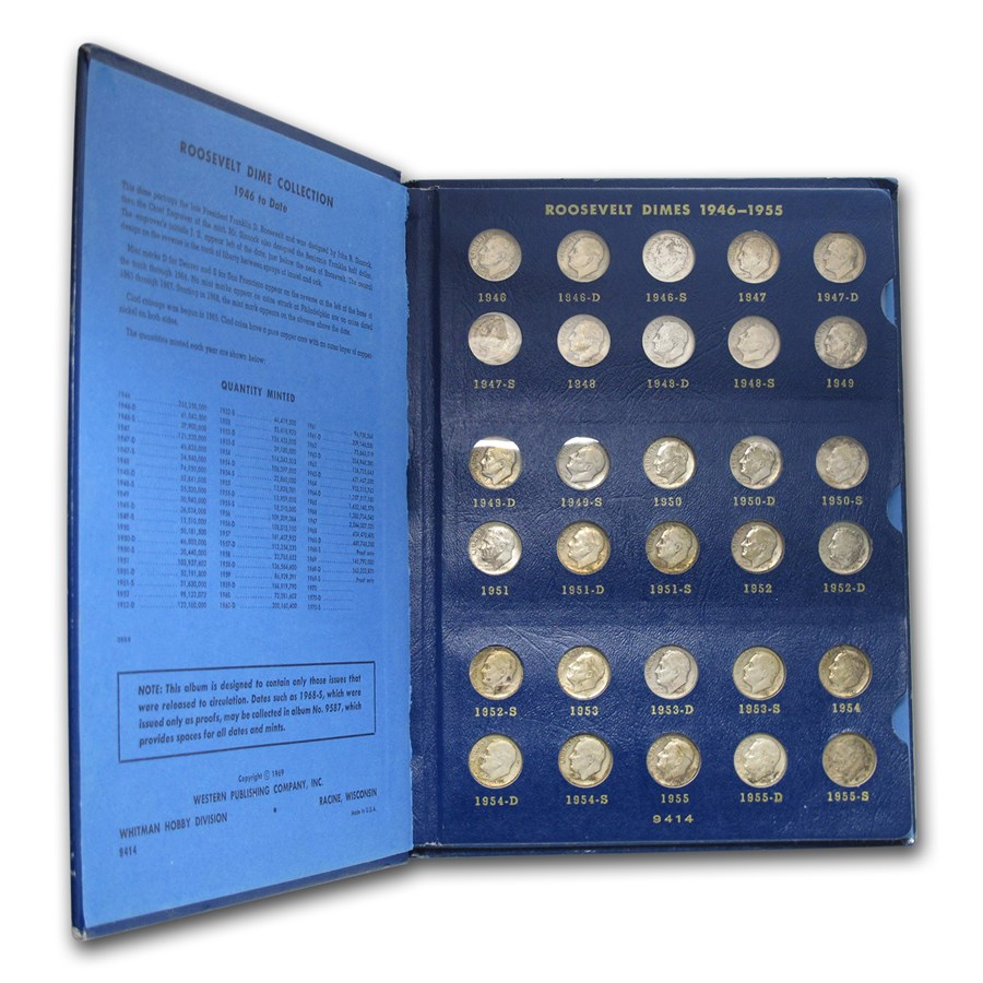 1946-1964 Roosevelt Dime Set (48 Coins, Whitman Album) Avg Circ
