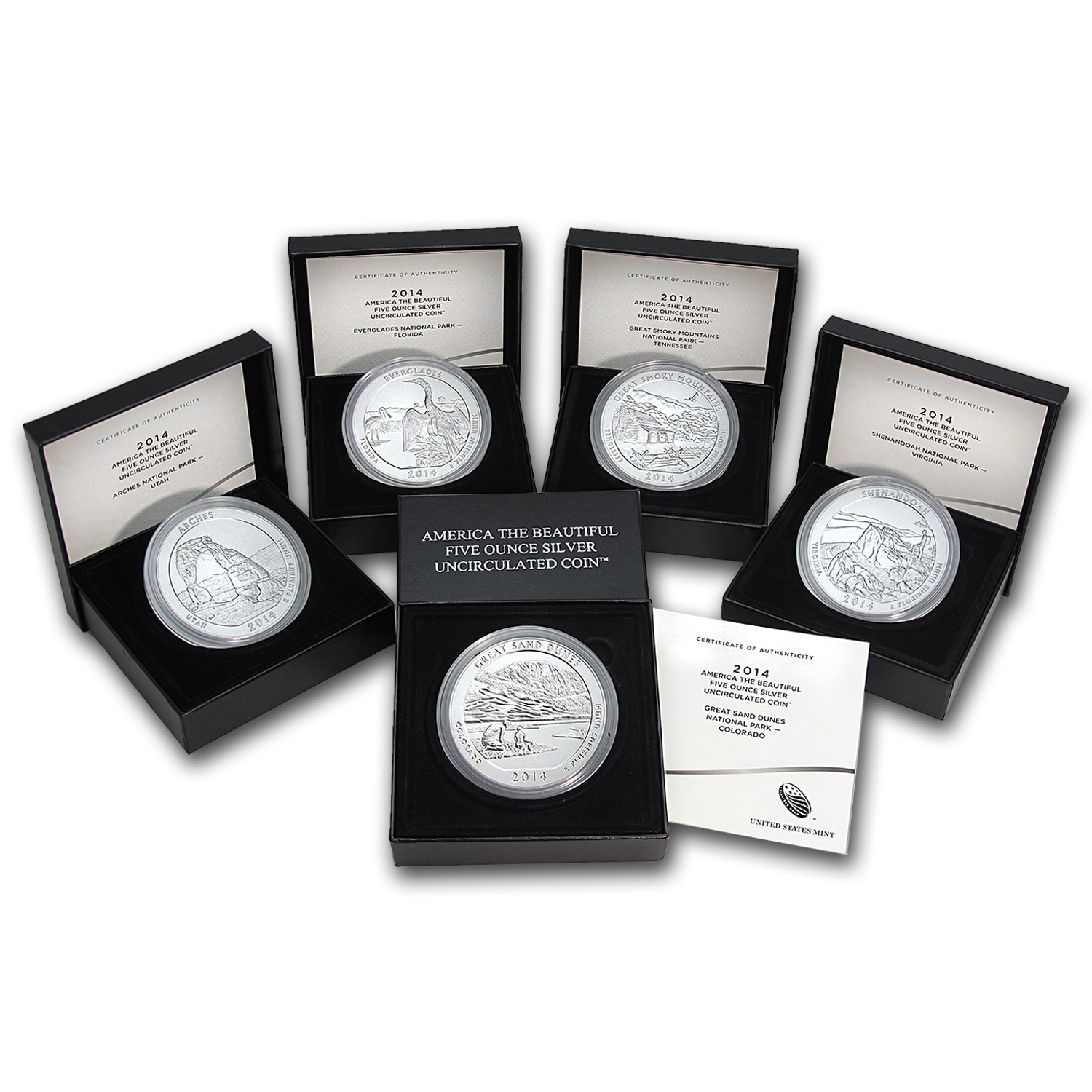 2014-P 5-Coin 5 oz Silver Burnished ATB Set (w/Box &amp; COA)