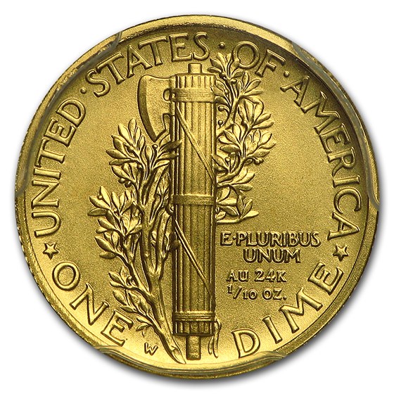 2016-W 1/10 oz Gold Mercury Dime SP-70 PCGS (FS, Cent'l Label)