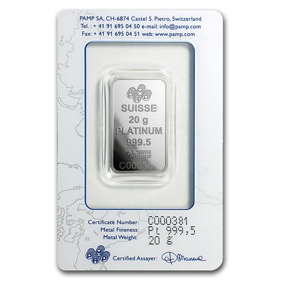 20 gram Platinum Bar - PAMP Suisse (In Assay)