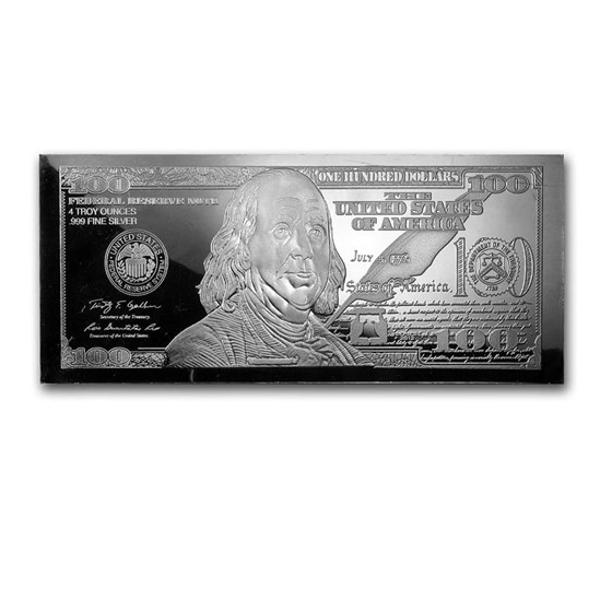 4 oz Silver Bar - Random Year $100 Bill (w/Box &amp; COA)