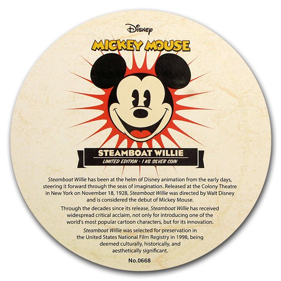 2015 Niue 1 kilo Silver $100 Disney Steamboat Willie (Box &amp; COA)